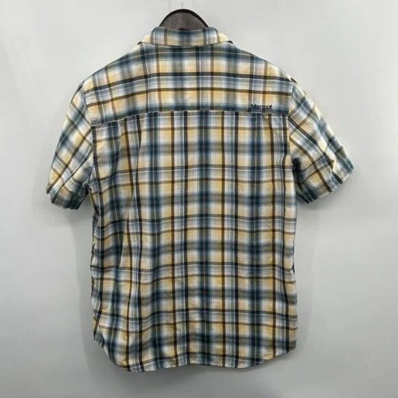 Marmot Plaid Short Sleeve Button Up Shirt Men’s L Yellow‎ Blue - Picture 3 of 10